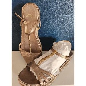 STUART WEITZMAN FLECHA T-STRAP PLATFORM SANDAL Size 9.5 Gold